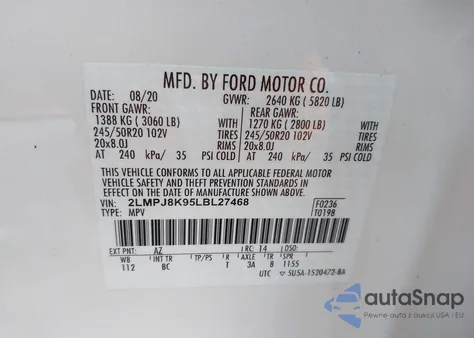 2020 Lincoln Nautilus Reserve z USA, uszkodzony, nr VIN 2LMPJ8K95LBL27468